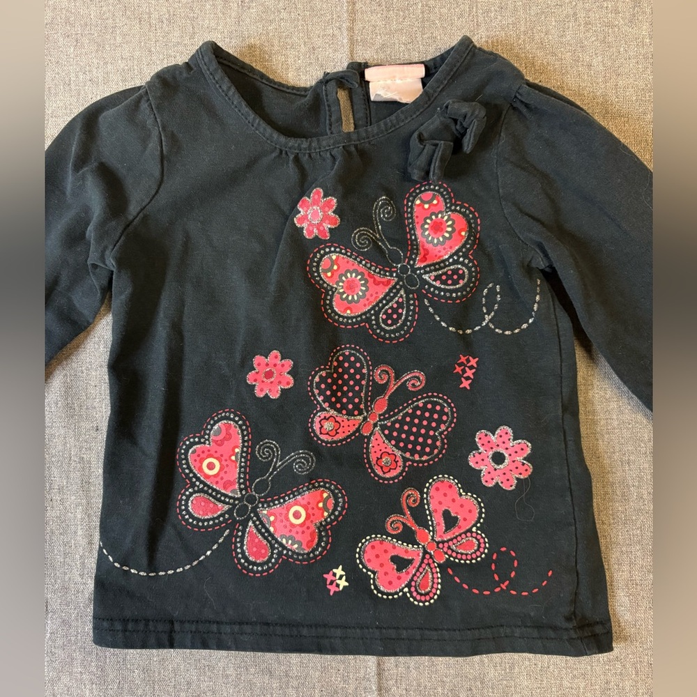 Kids Long Sleeve Black Top with Pink Butterfly Print